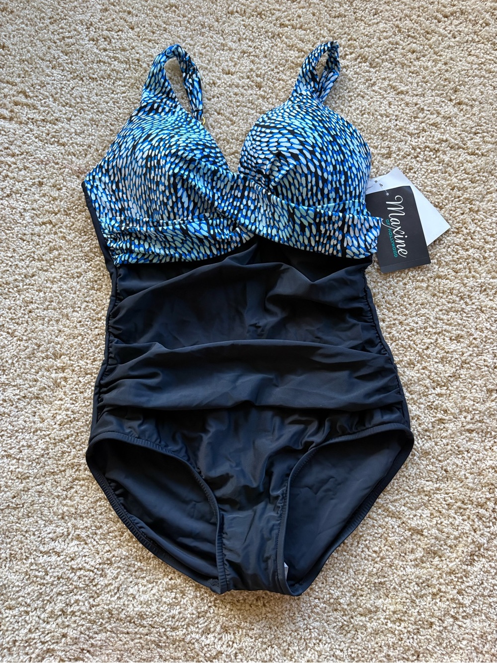 NWT Maxine of Hollywood Tidal Wave One Piece Swimsuit Blue Black 12